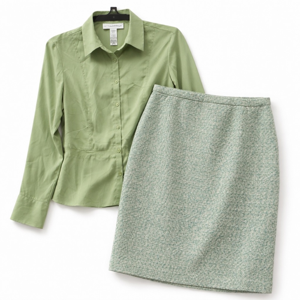 Sage Green Blouse + Tweed Pencil Skirt Set Soft Classic Two-Piece‎ Size 10